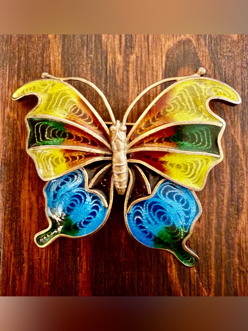 Vintage Sterling Silver Vermeil Plique A Jour Butterfly Brooch